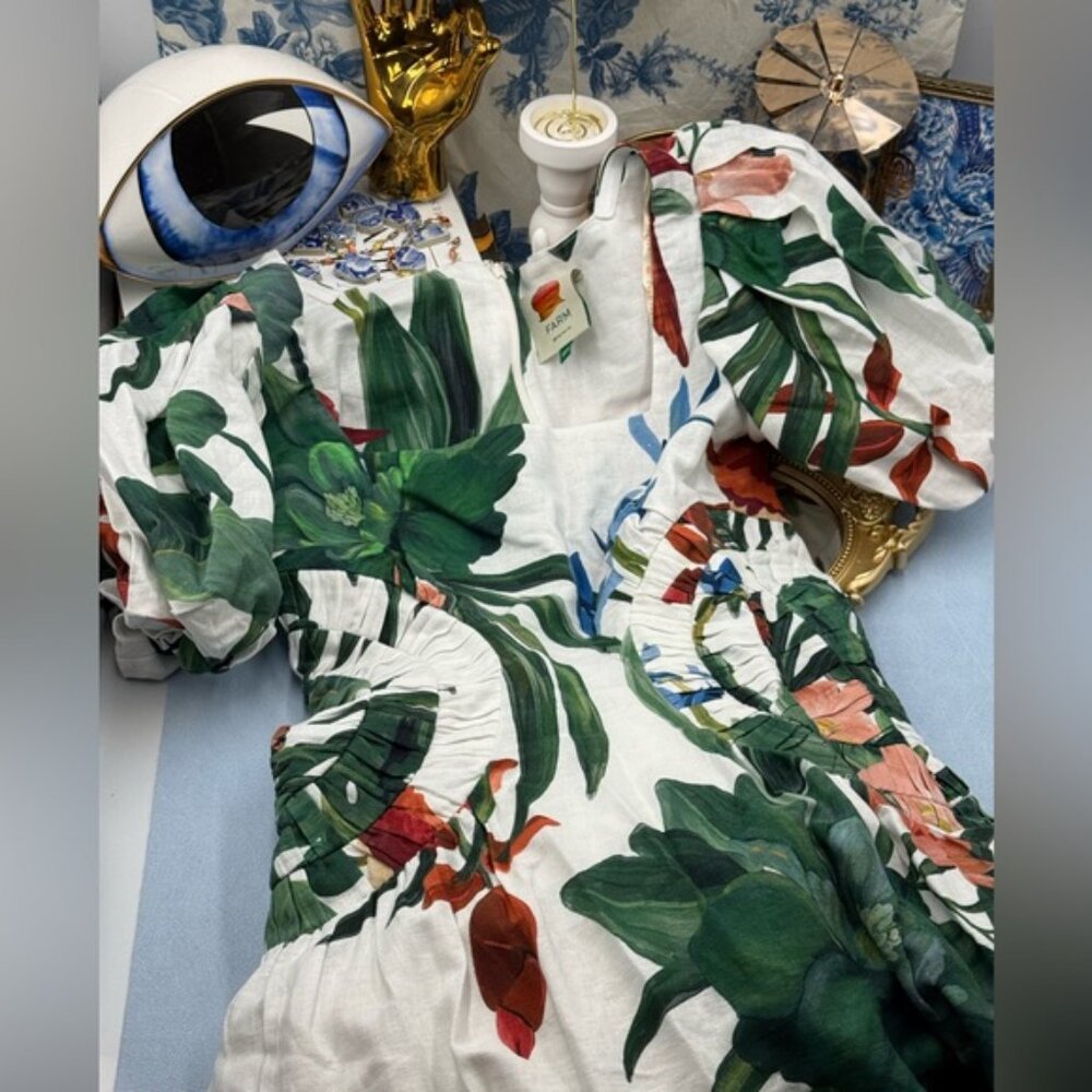🆕 FARM Rio 🧿 NWOT Midnight Macaw Fiesta Linen Puff-Sleeve Midi Dress, Sz XXS - Picture 12 of 16